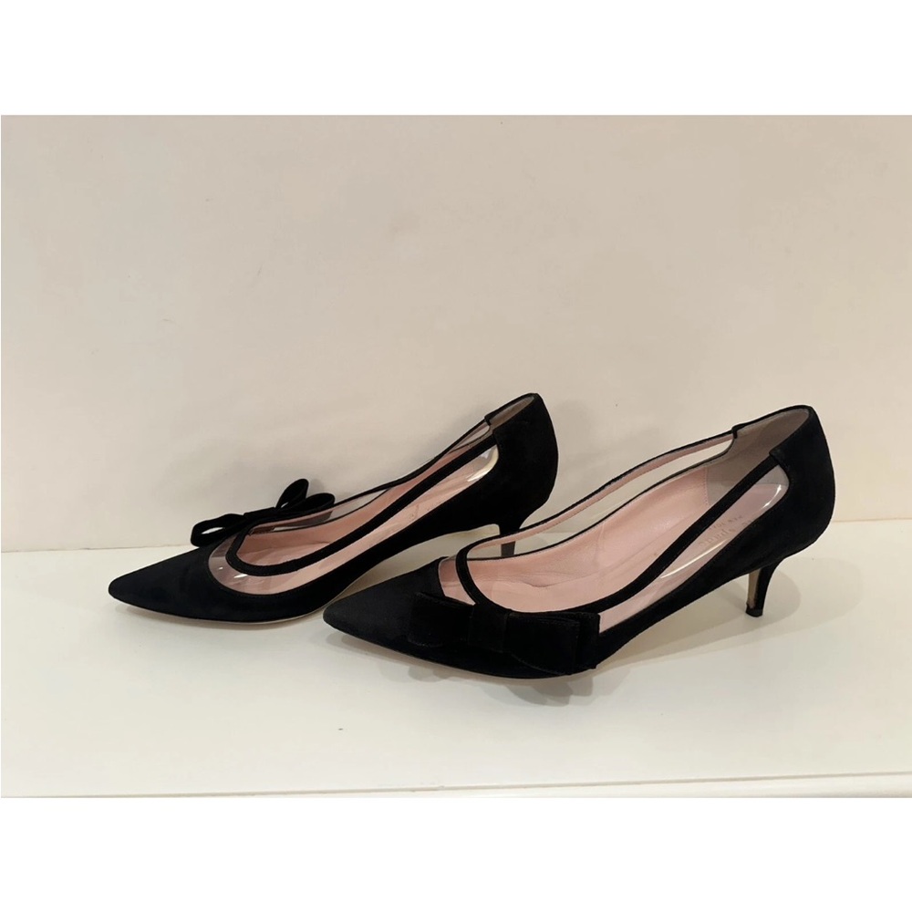Kate Spade Black Suede Pumps With Peek-a-boo Clear Lining With Bow Sz10 2.5"heel